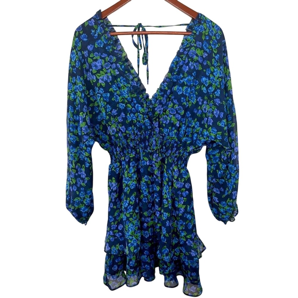 The Kooples Size 2 100% Silk Blue Floral Ruffle Dress Flowy Long Sleeve Cocktail